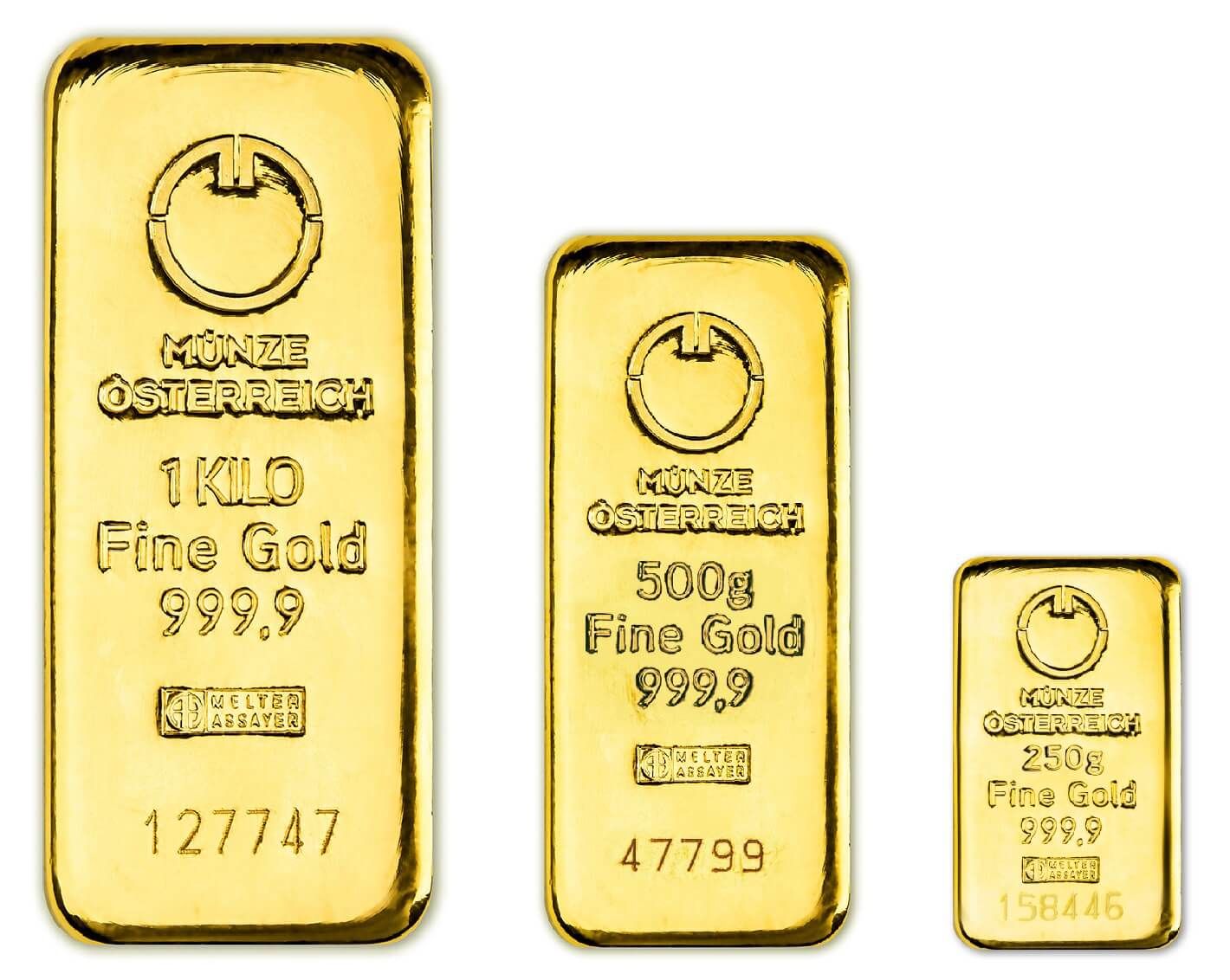 Die breite Auswahl an österreichischen MÜNZE-Goldbarren, 1-Kilogramm-, 500- und 250-Gramm-Feingoldbarren für Investitionen.