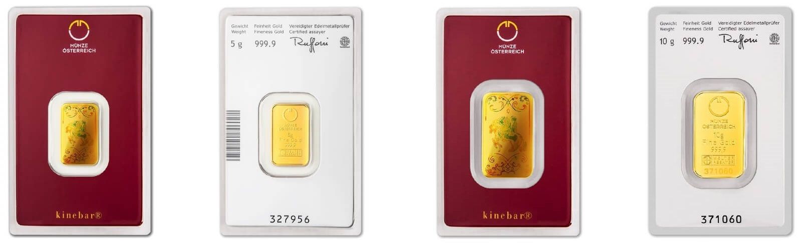Hochsichere MÜNZE-Kinebar-Goldplättchen in 5- und 10-Gramm-Gewicht, erstklassige Goldqualität für Anlagezwecke.