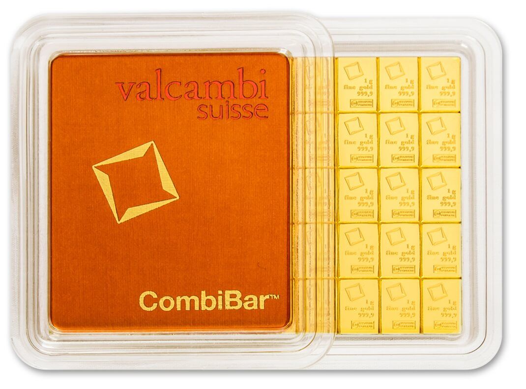 Valcambi CombiBar 1-Gramm-Goldplättchen, 999,9 Feinheit Anlagegold, in teilbarer Ausführung, für praktische und sichere Aufbewahrung.