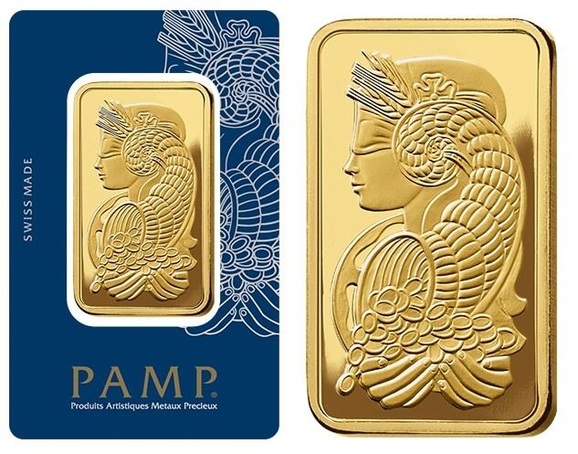 PAMP-Goldplättchen aus 999er Feingold, in der Schweiz hergestelltes Anlageprodukt, klares Design und Qualität.