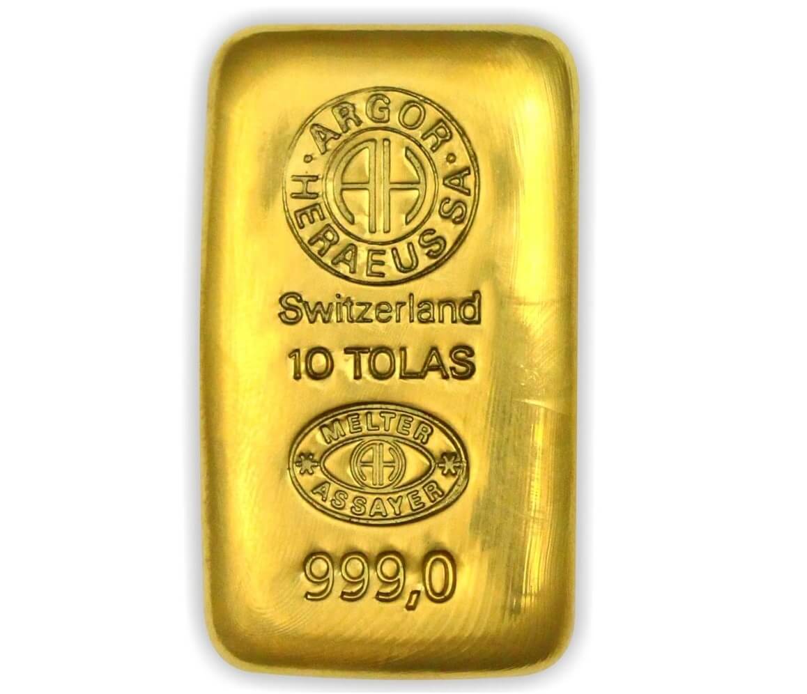 Argor-Heraeus 10-Tola-Goldbarren, 999,0 Feinheit, Anlagegold aus der Schweiz, Edelmetall in Premiumqualität.