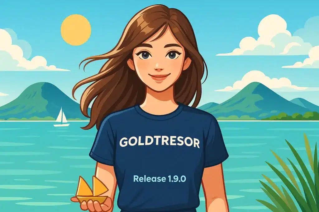 Női alak Goldtresor pólóban, balatoni háttérrel, napsütésben – Release 1.9.0